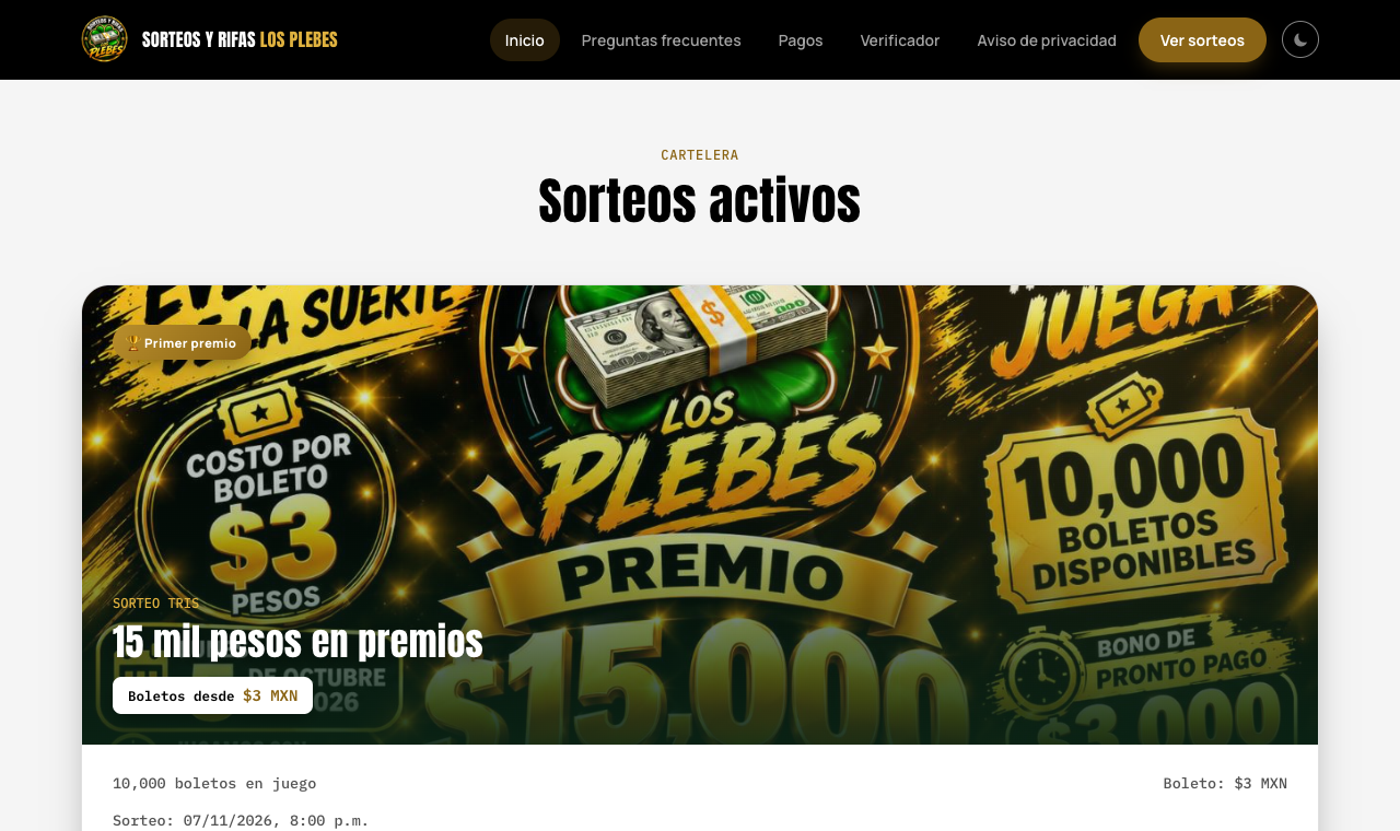 Portada del sitio de Sorteos y Rifas Los Plebes, hecho con DigiRifa